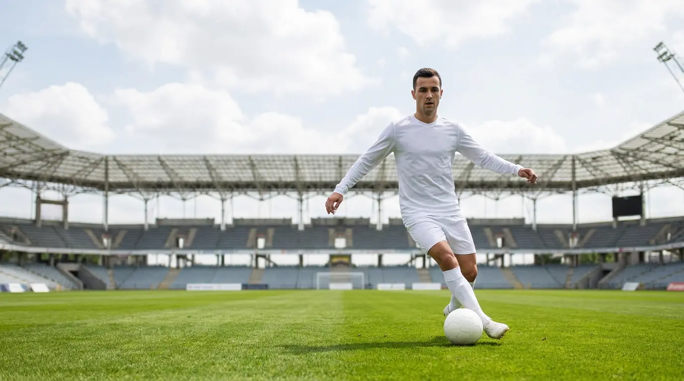 Footballeur allemand en maillot blanc passant le ballon sur le terrain