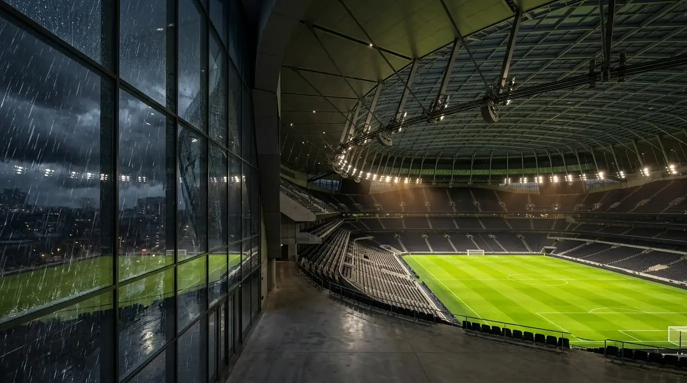 Illustration éditoriale d'un stade climatisé sous toit fermé, pluie battante à l'extérieur vue par une baie, pelouse verte éclatante à l'intérieur, ambiance de grand soir de demi-finale