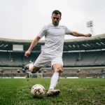 Joueur anglais en maillot blanc en action sur une pelouse verte