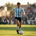 Footballeur argentin en maillot à rayures bleues et blanches sur le terrain