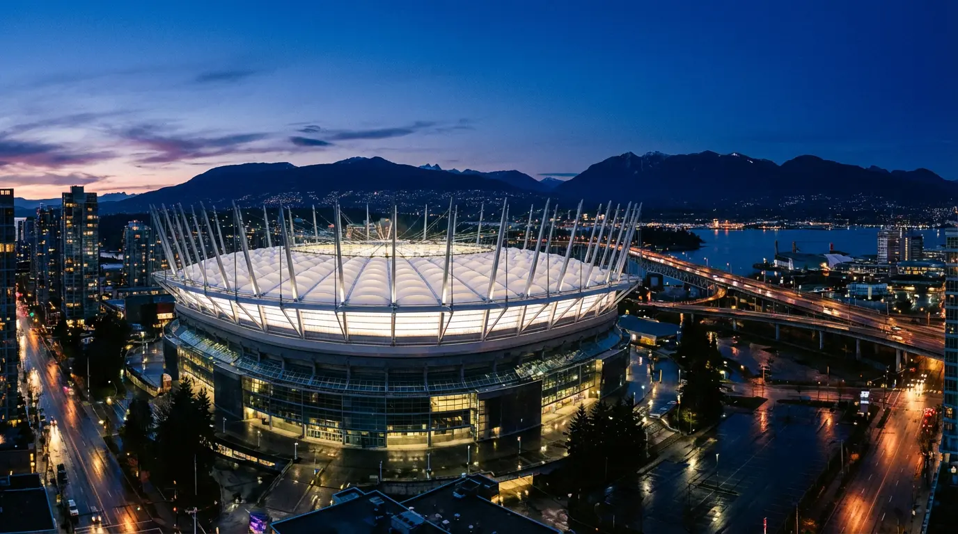 Vue extérieure du BC Place de Vancouver avec son toit rétractable