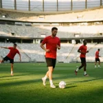 Joueurs de la sélection belge en tenue rouge sur un terrain de football