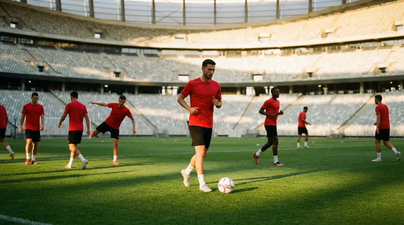 Joueurs de la sélection belge en tenue rouge sur un terrain de football