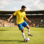 Joueur brésilien en maillot jaune en action avec un ballon de football