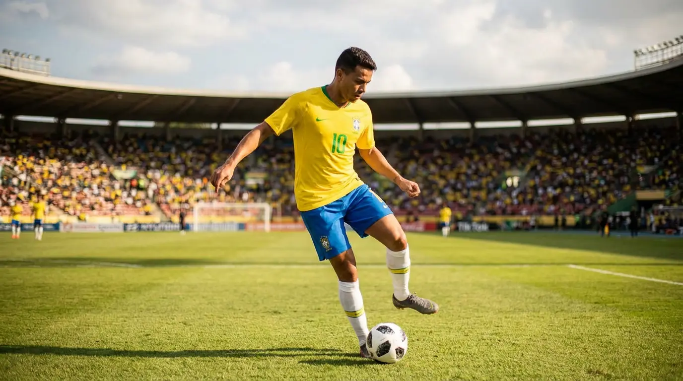 Joueur brésilien en maillot jaune en action avec un ballon de football