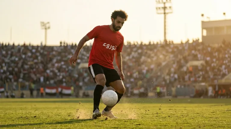 Footballeur égyptien en maillot rouge contrôlant le ballon