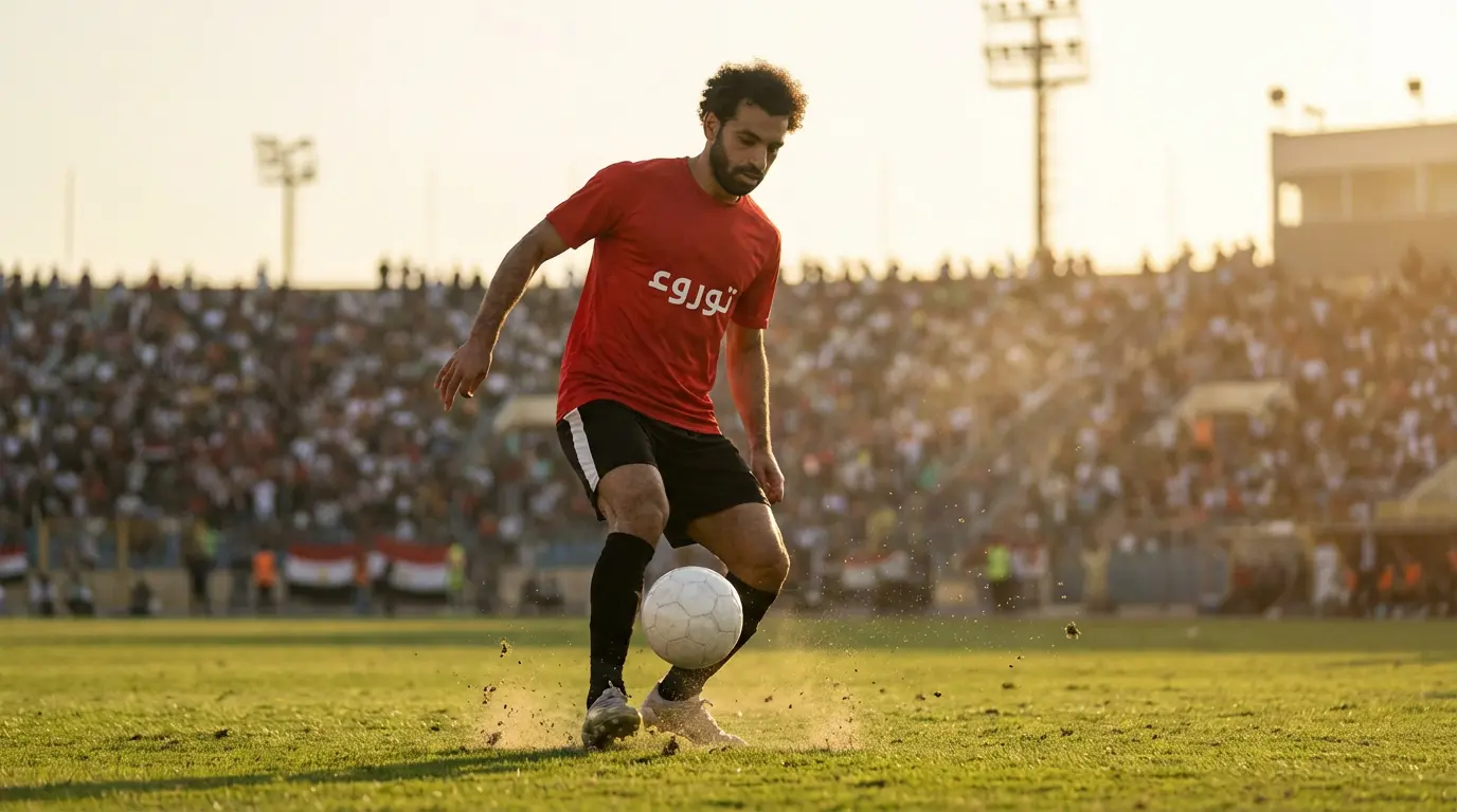 Footballeur égyptien en maillot rouge contrôlant le ballon