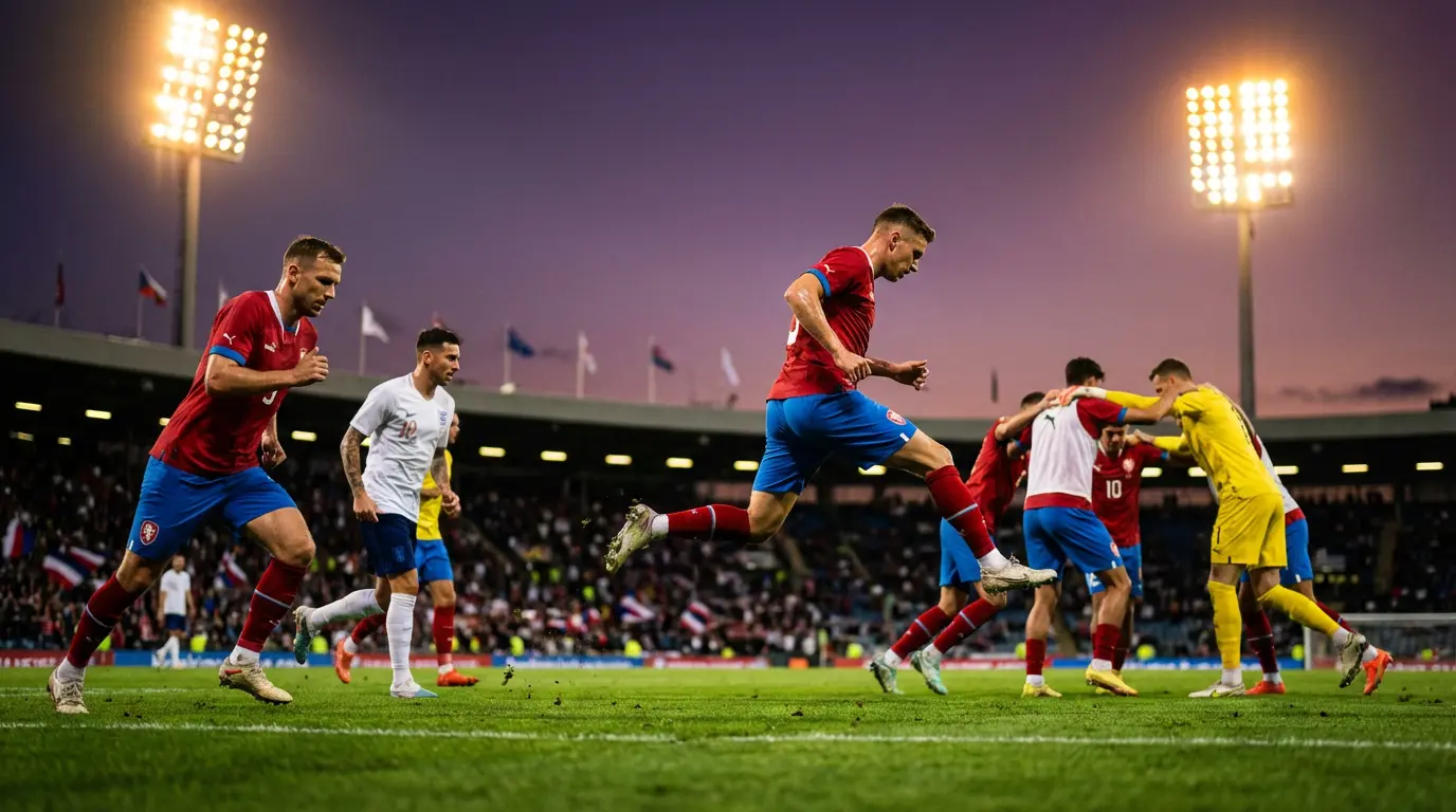 Joueurs de football en maillots de différentes couleurs s'échauffant sur une pelouse verte avant un match de compétition internationale, projecteurs allumés en arrière-plan