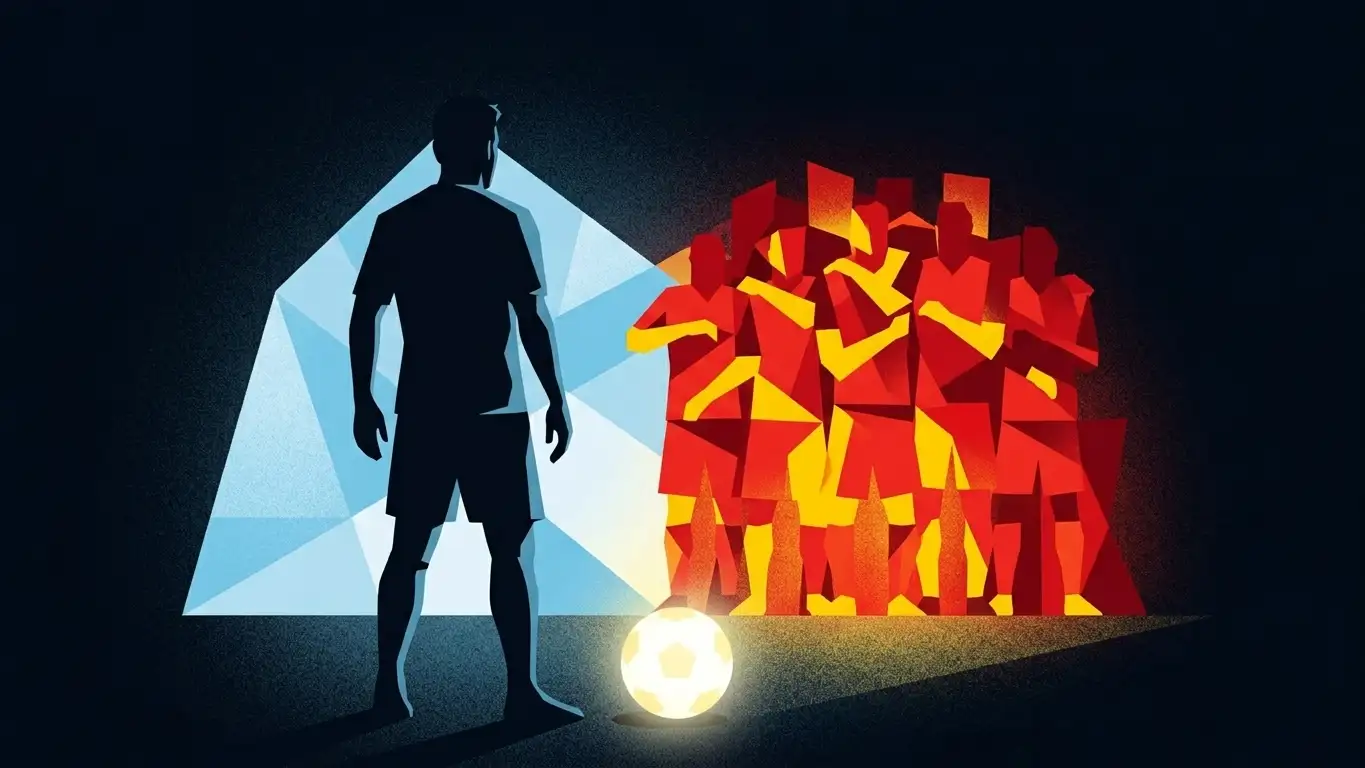 Illustration éditoriale d'un capitaine argentin stylisé, silhouette de dos numéro 10, faisant face à un bloc défensif compact suggéré par des formes géométriques rouges et jaunes, ballon lumineux au premier plan