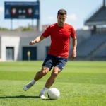 Footballeur en maillot rouge de l'Espagne contrôlant le ballon sur le terrain