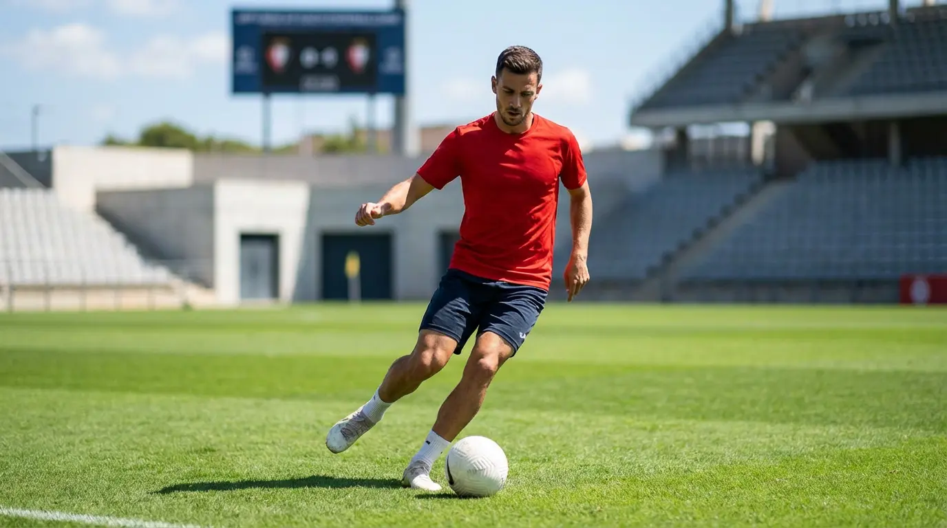 Footballeur en maillot rouge de l'Espagne contrôlant le ballon sur le terrain