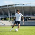 Joueur américain en maillot blanc dribblant avec un ballon sur le terrain