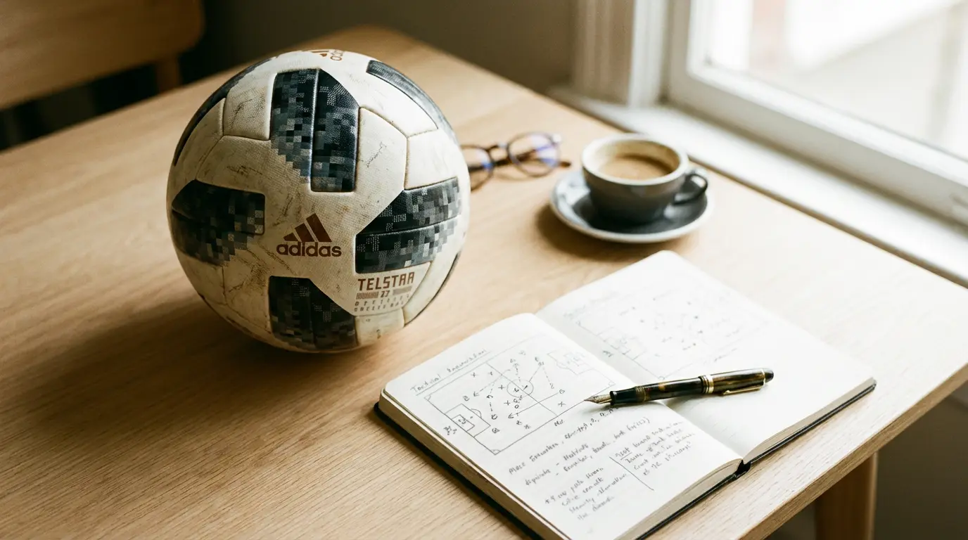 Ballon de football posé sur un carnet de notes ouvert à côté d'un stylo sur une table en bois