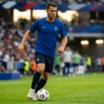 Footballeur en maillot bleu de la France dribblant avec un ballon blanc