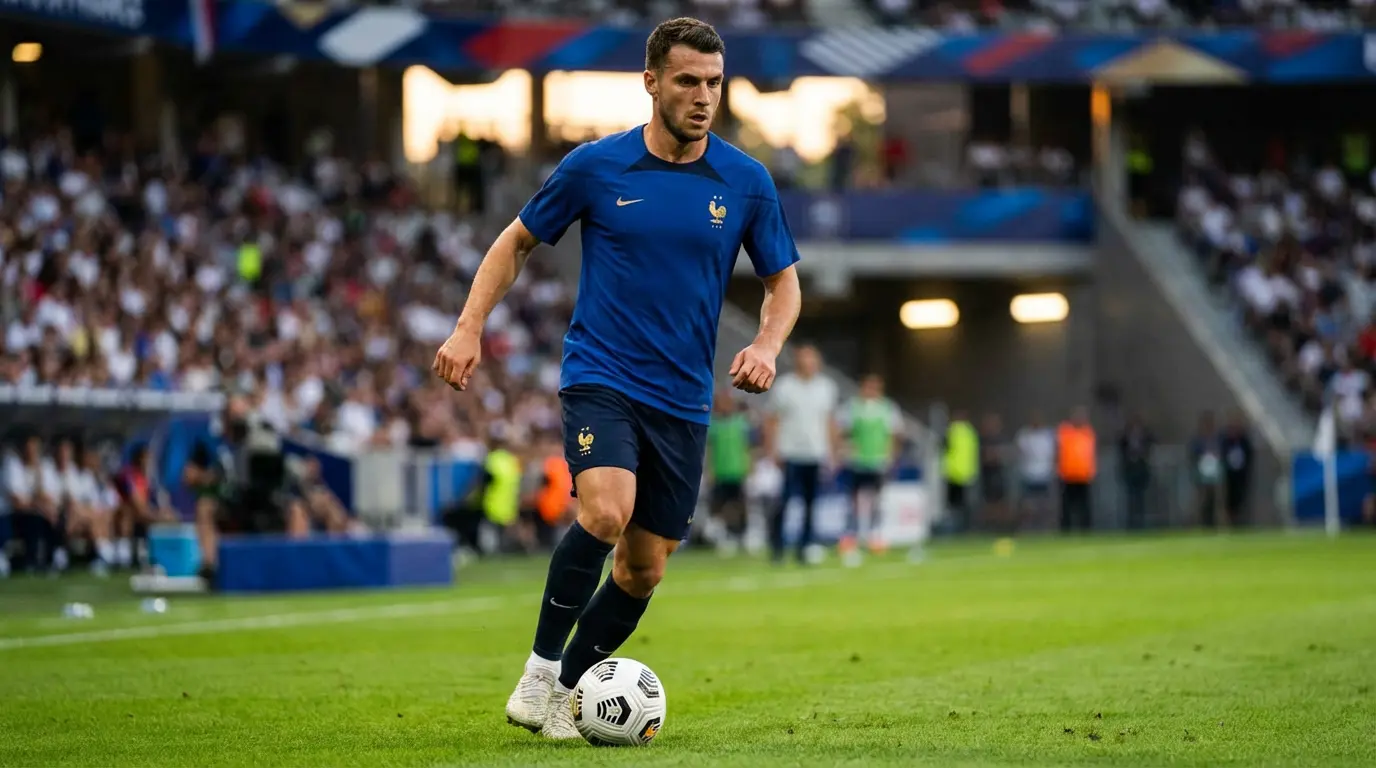 Footballeur en maillot bleu de la France dribblant avec un ballon blanc