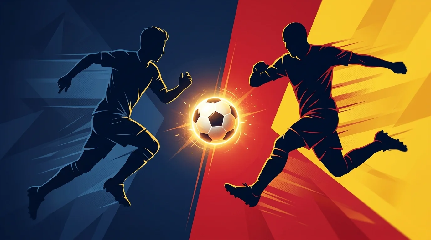 Illustration éditoriale d'un duel de générations, un jeune ailier stylisé face à un attaquant vedette, silhouettes dynamiques sur fond partagé bleu et rouge-jaune, ballon lumineux au centre