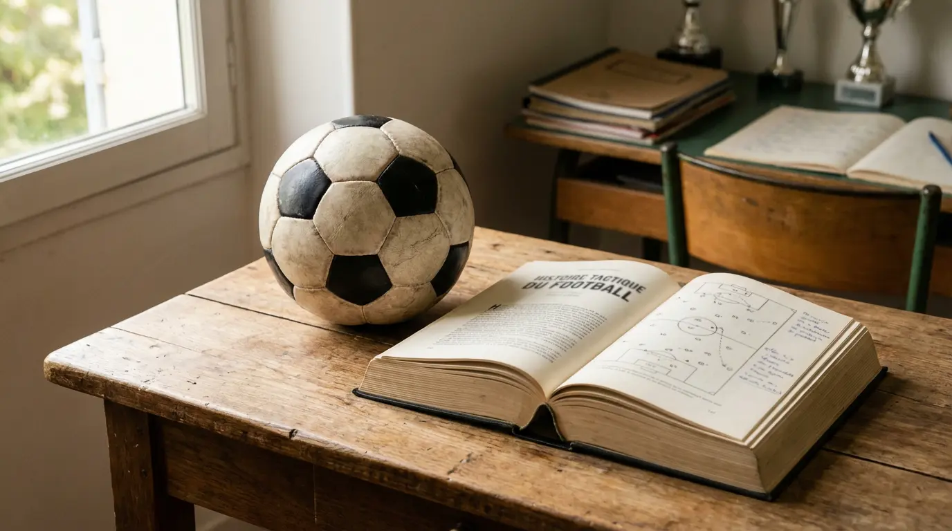 Ballon de football à côté d'un livre ouvert sur une table en bois