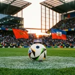 Ballon de football sur la pelouse d'un stade avec drapeaux du Brésil, du Maroc, d'Haïti et de l'Écosse en arrière-plan