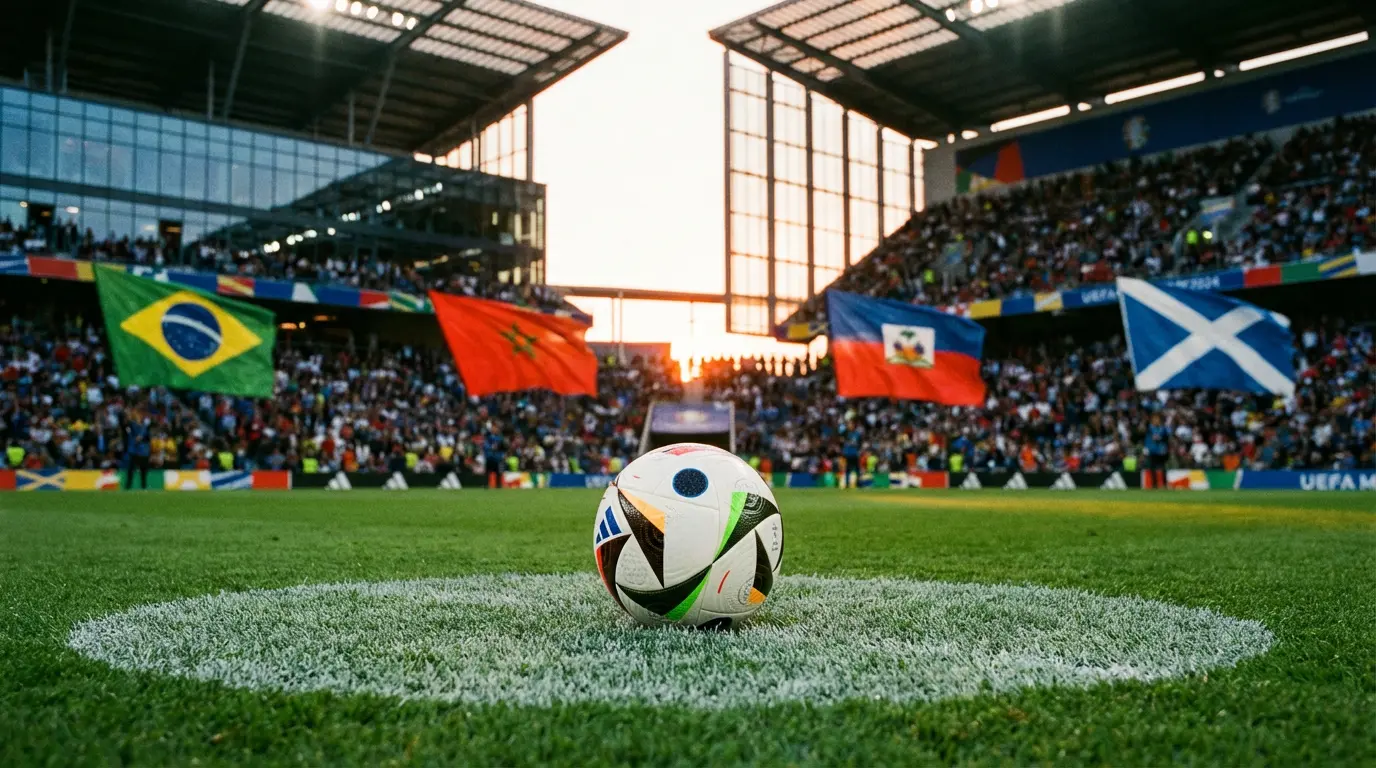Ballon de football sur la pelouse d'un stade avec drapeaux du Brésil, du Maroc, d'Haïti et de l'Écosse en arrière-plan