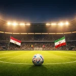 Stade de football avec drapeaux de la Belgique, de l'Égypte, de l'Iran et de la Nouvelle-Zélande autour du terrain