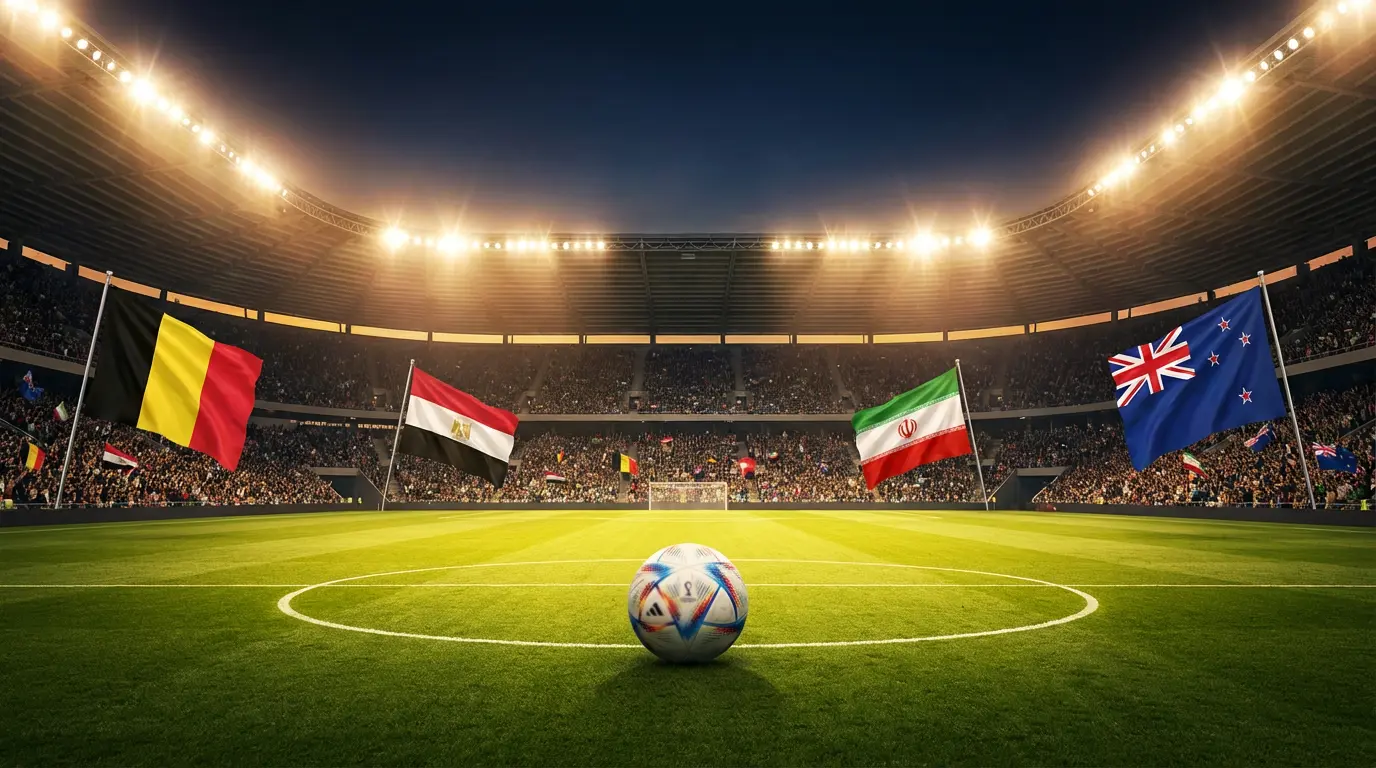 Stade de football avec drapeaux de la Belgique, de l'Égypte, de l'Iran et de la Nouvelle-Zélande autour du terrain