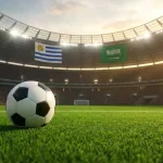 Pelouse de stade de football avec ballon et drapeaux de l'Espagne, de l'Uruguay, de l'Arabie saoudite et du Cap-Vert