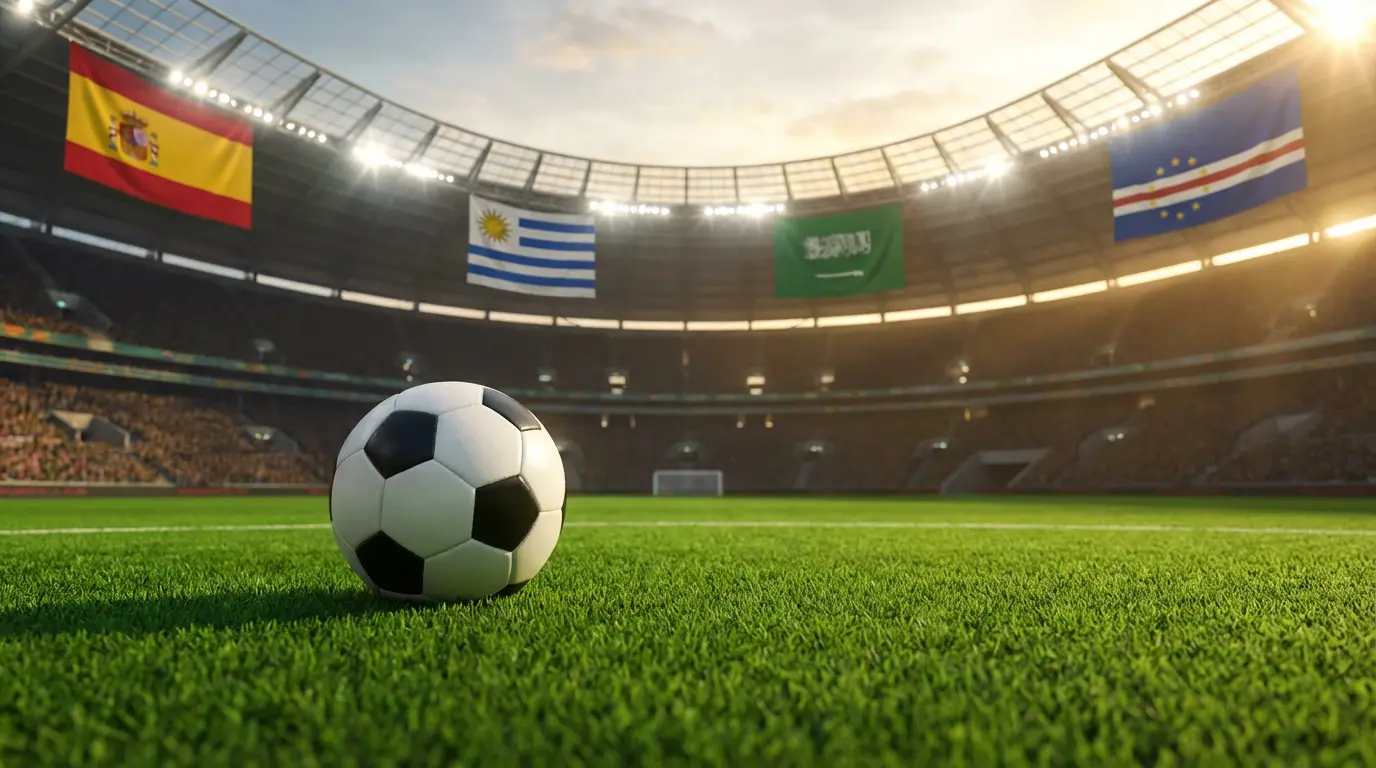 Pelouse de stade de football avec ballon et drapeaux de l'Espagne, de l'Uruguay, de l'Arabie saoudite et du Cap-Vert