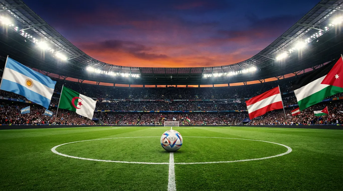 Ballon de football au centre d'un stade avec drapeaux de l'Argentine, de l'Algérie, de l'Autriche et de la Jordanie