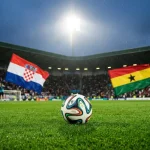 Stade de football avec drapeaux de l'Angleterre, de la Croatie, du Ghana et du Panama autour de la pelouse