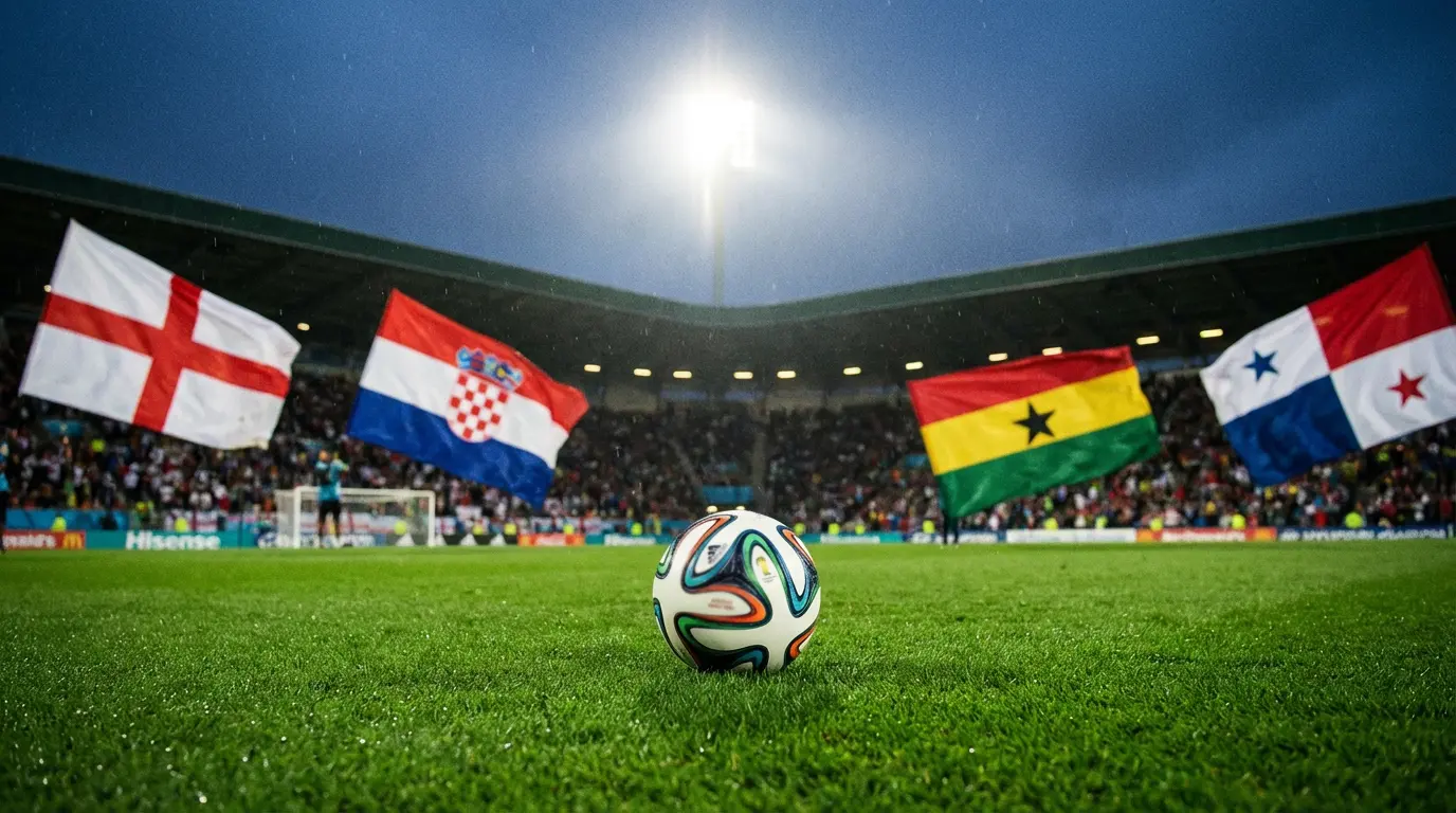 Stade de football avec drapeaux de l'Angleterre, de la Croatie, du Ghana et du Panama autour de la pelouse