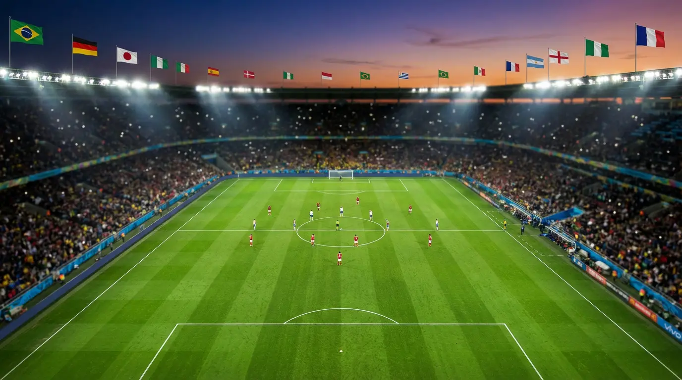 Terrain de football vu depuis les tribunes hautes d'un grand stade moderne lors d'un match international, drapeaux de plusieurs nations flottant dans la brise du soir