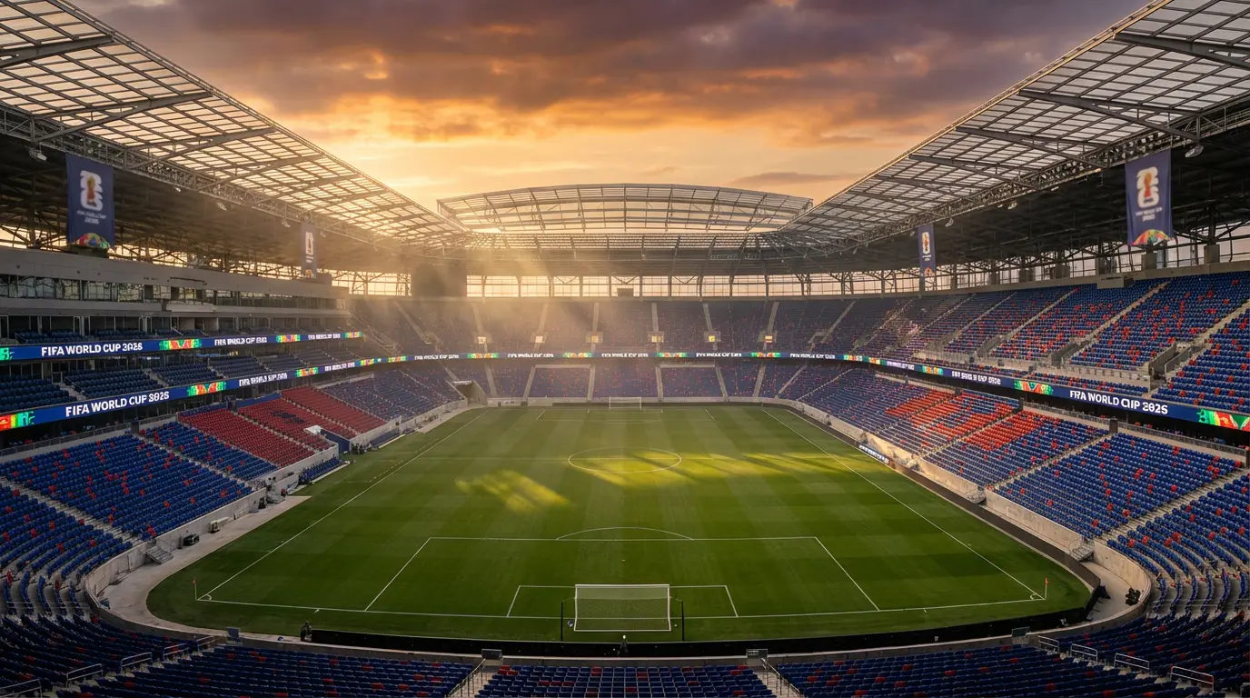 Vue panoramique d'un stade de football américain illuminé le soir avec une pelouse verte immaculée, prêt à accueillir la Coupe du Monde 2026
