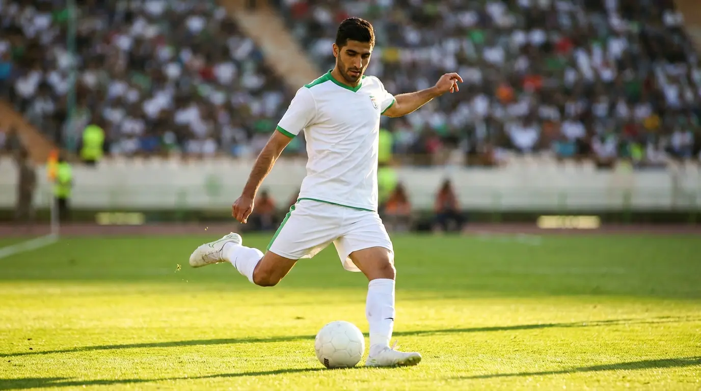 Joueur iranien en maillot blanc en action sur le terrain de football