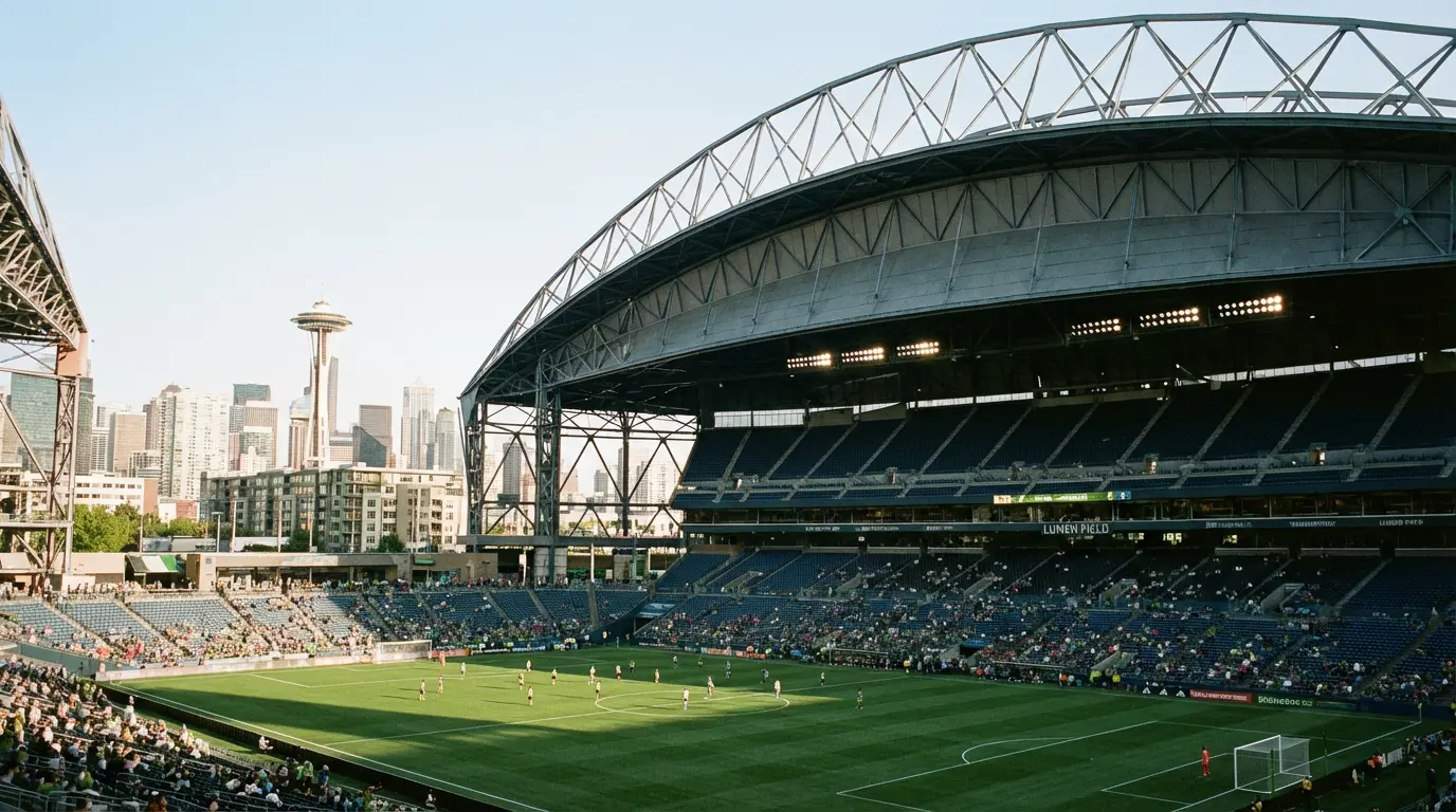 Vue du Lumen Field de Seattle avec son toit caractéristique et la pelouse de football
