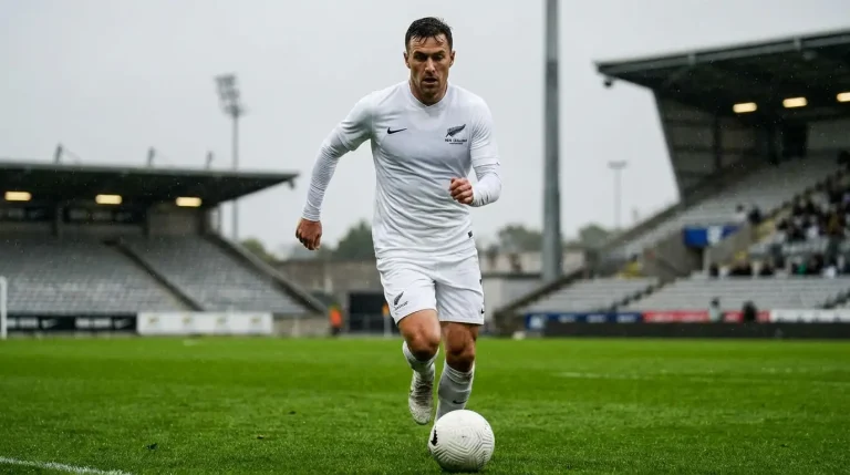 Footballeur néo-zélandais en maillot blanc courant avec un ballon