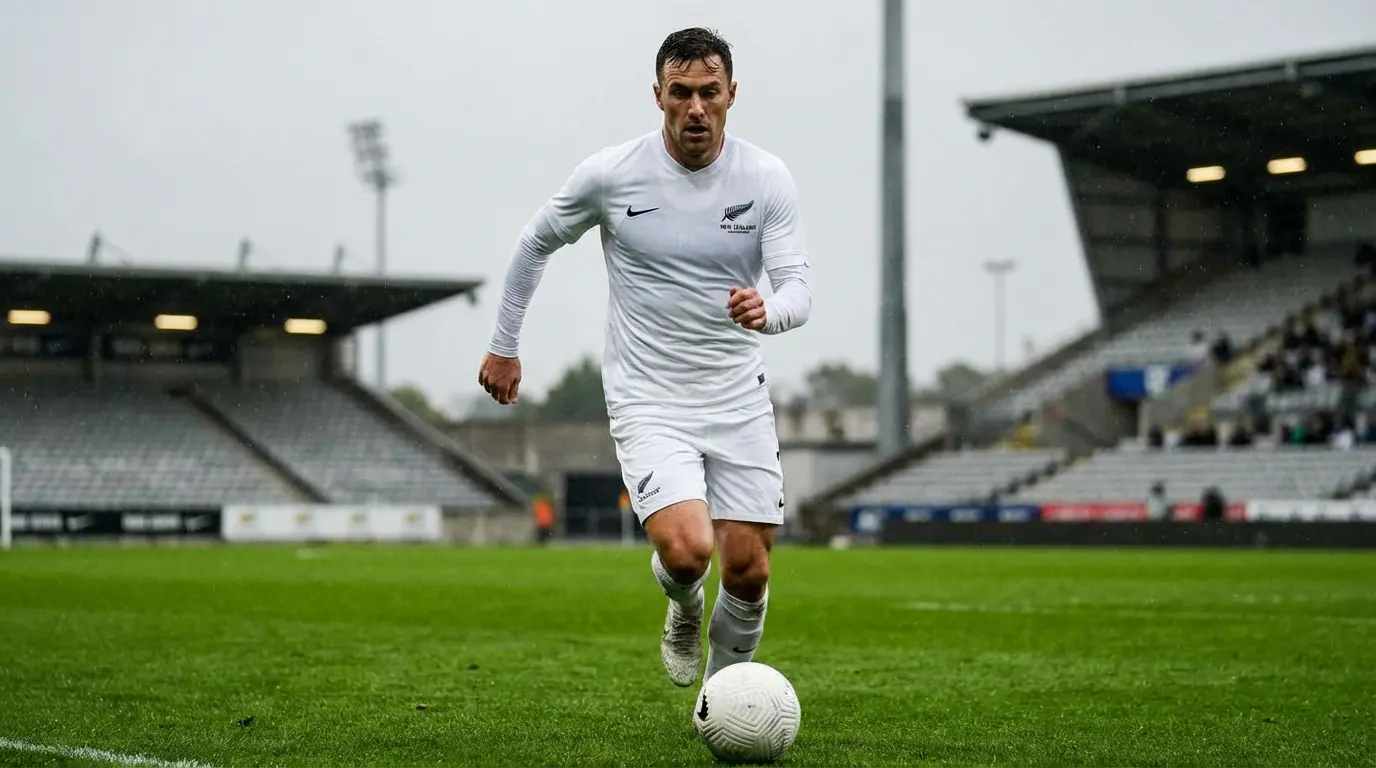 Footballeur néo-zélandais en maillot blanc courant avec un ballon