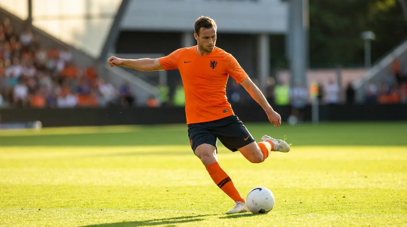 Joueur néerlandais en maillot orange en action sur une pelouse