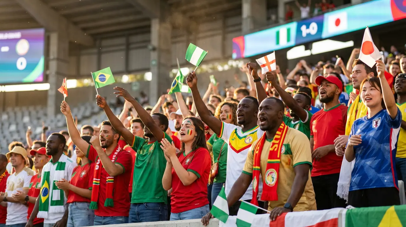 Supporters de différentes nationalités dans les tribunes d'un stade, portant des écharpes et des maillots colorés lors d'un match de phase de groupes
