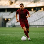 Joueur portugais en maillot rouge foncé courant avec le ballon