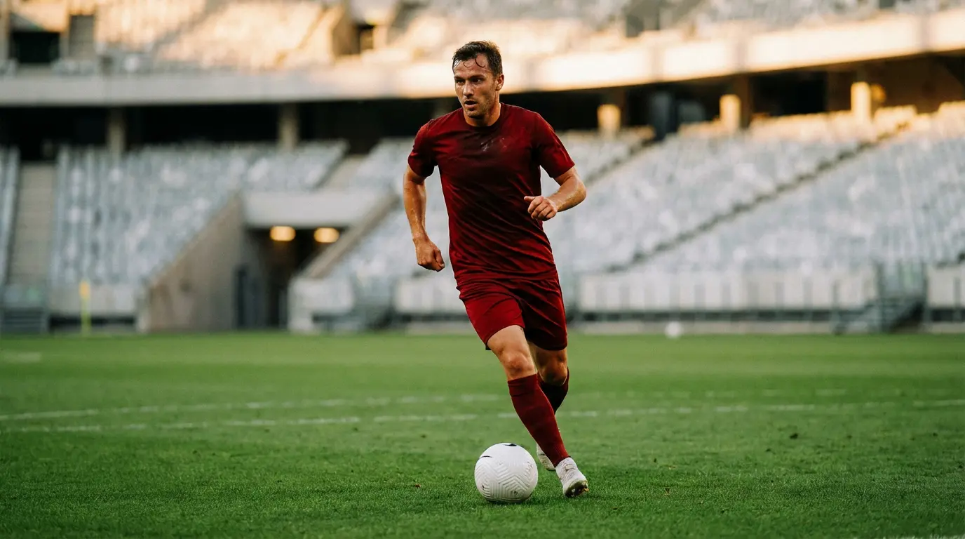 Joueur portugais en maillot rouge foncé courant avec le ballon