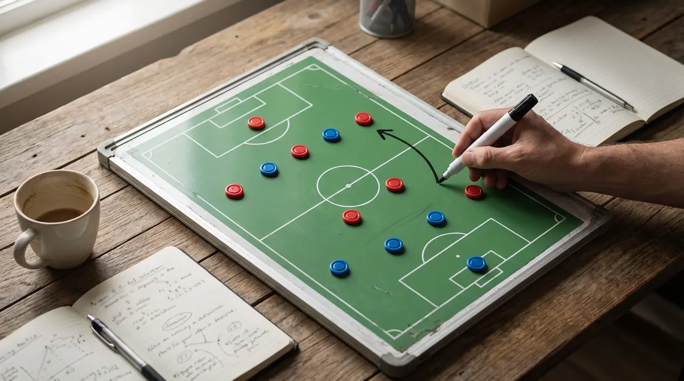 Tableau tactique de football vu de dessus avec des aimants de couleur représentant les positions des joueurs sur un schéma de terrain vert