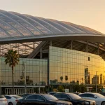 Vue extérieure futuriste du SoFi Stadium d'Inglewood en Californie