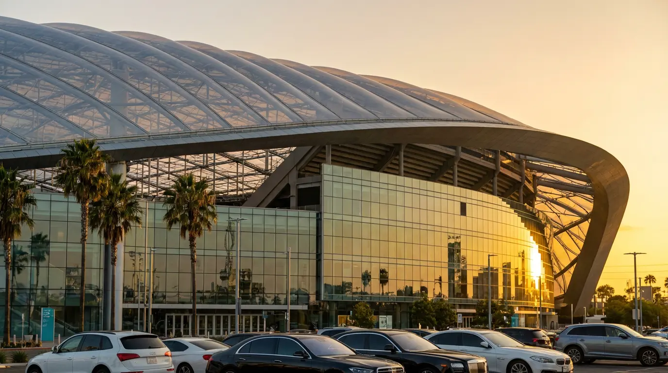 Vue extérieure futuriste du SoFi Stadium d'Inglewood en Californie