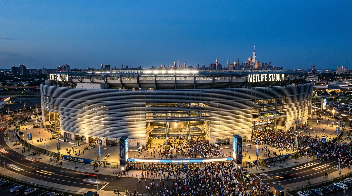 Vue extérieure du MetLife Stadium d'East Rutherford illuminé pour une finale de football