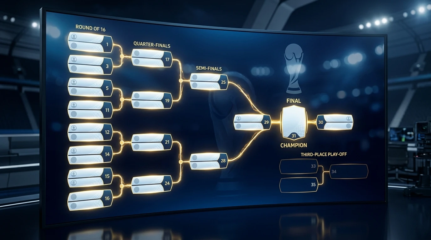Représentation graphique d'un tableau d'élimination directe de Coupe du Monde sur fond sombre